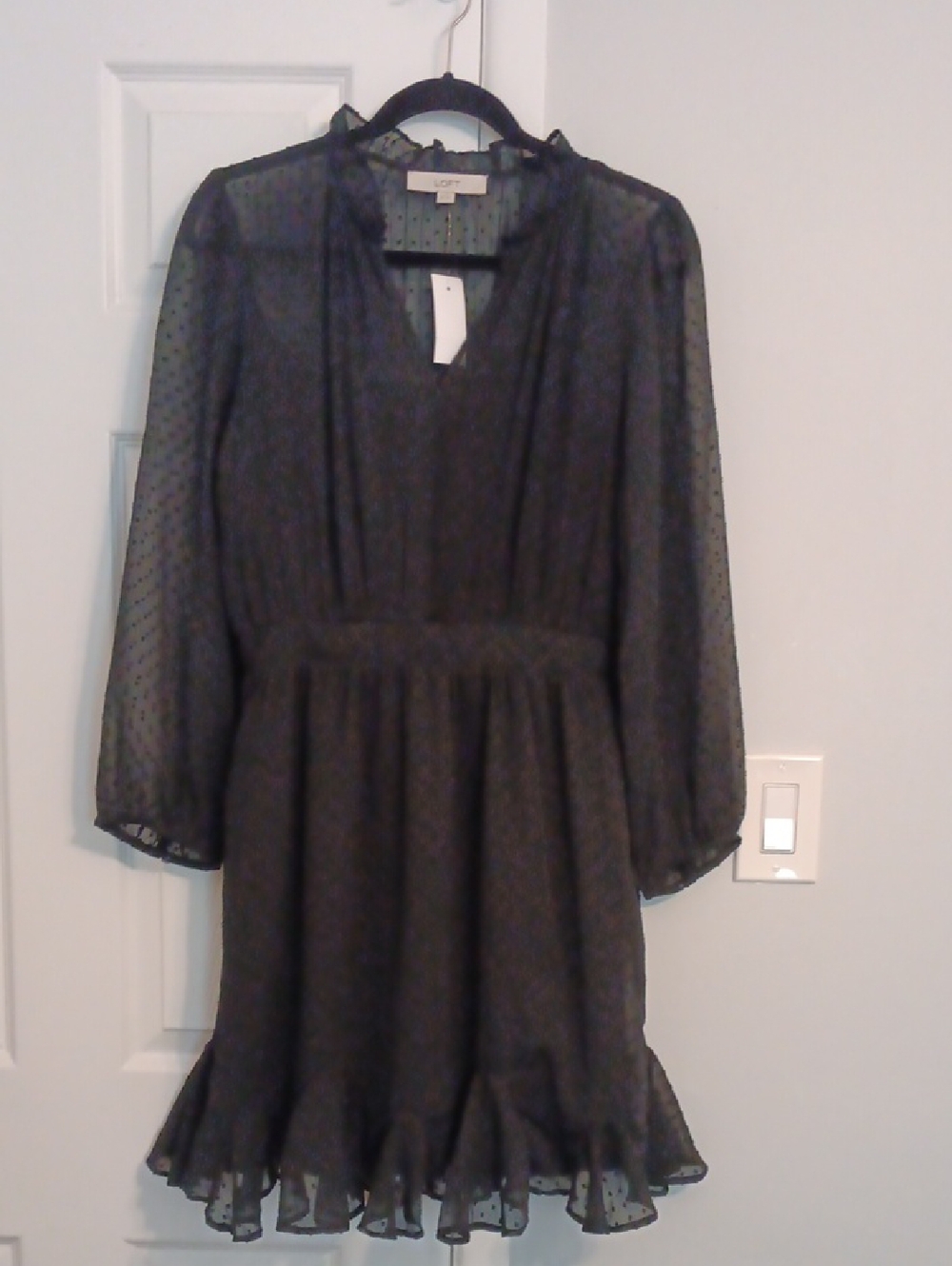 NWT LOFT Black Sheer Lined Polka Dot Long-Sleeve Ruffle Dress